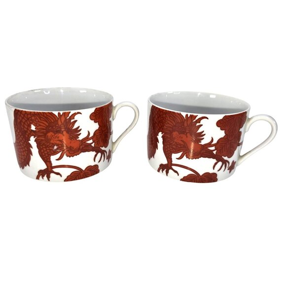 Fitz and Floyd Temple Dragon Porcelain Cups Set Red White Vintage Design JE116 - Picture 1 of 8
